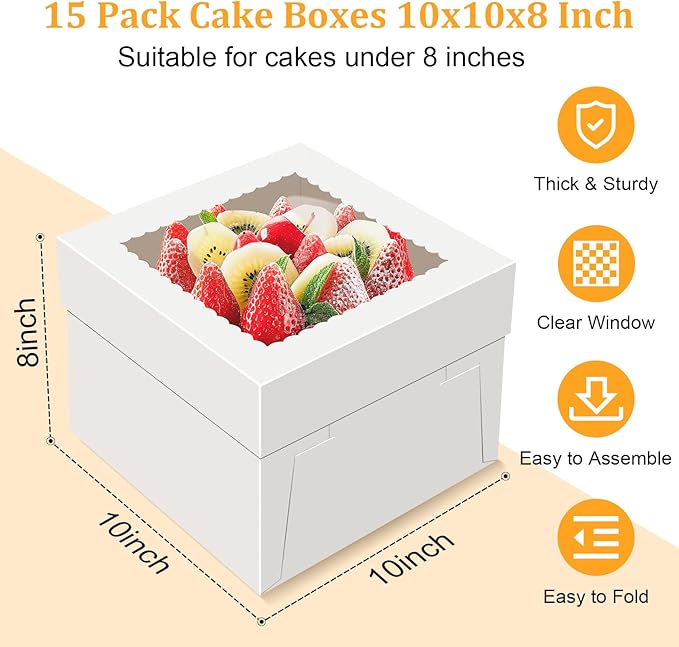 15 PCS Cake Boxes 10 Inch, 10x10x8 Tall Cake Box, 10 Inch Cake Box with Window, White Bakery Boxes, Large Baking Boxes, Cajas Para Pasteles, 10x10 Cake Boxes for Birthday, Wedding, Party, Business