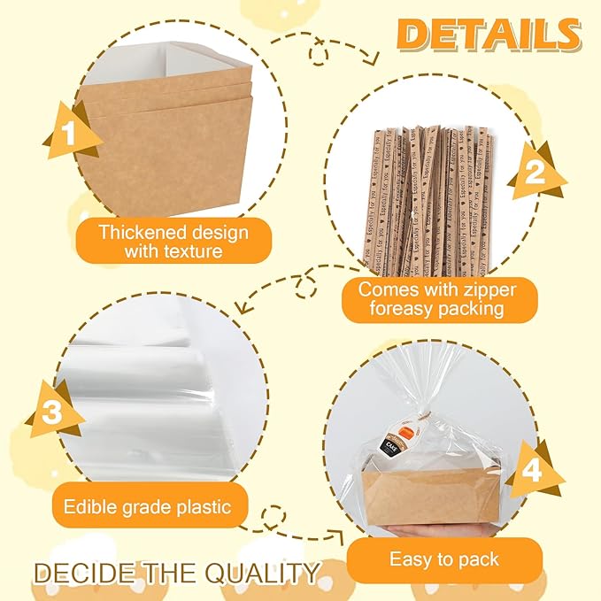 100 Pack Disposable Paper Gift Baskets 2Lb Loaf Pans for Baking Rectangle Bread Storage Bags with Clear Plastic Bags and Ties Kit for DIY Bakery Birthday Wedding Bow Party Gift Wrapping