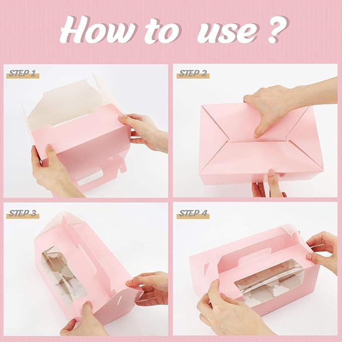 EUSOAR Pink Cupcake Boxes, 25pcs 9.4"x 6.2"x 3.0" 6 Cupcakes Container with Window&Insert, Bakery Wrapping Party Baby Shower Favor Treat Boxes Take-Out Cupcake Muffin Carry Packing Container