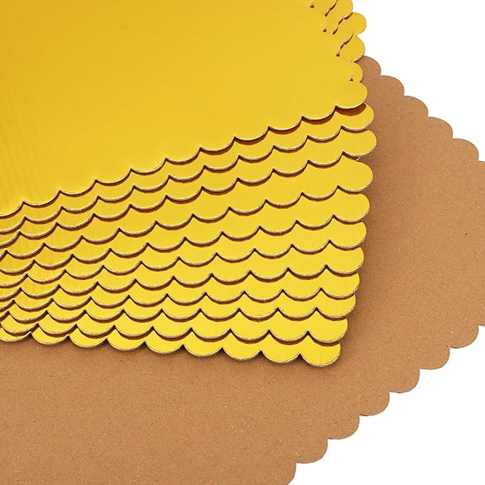 50 Pcs Gold Cake Boards, 14 x 10 Inch Rectangular Cardboard Cake Base, Scalloped Edges, Disposable Paper Cake Board for Elegant Dessert Presentation & Versatile Use