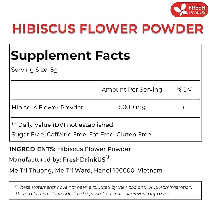 FreshDrinkUS, Premium 16oz Hibiscus Flower Powder, 100% Natural and Pure from Hibiscus Flowers, Natural Food Coloring, No Additives, No Gluten, No Sugar, Vegan
