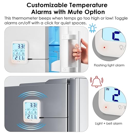 2Packs Digital Freezer Thermometer Fridge Temperature with Alarm, Backlight, Magnet, Power On/Off, Max/Min Temperature for Home, Restaurants, RV, External Sensor, AAA Battery (2)