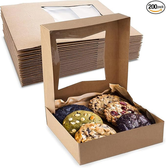 MT Products Kraft Cookie Boxes 8" x 8" x 2.5" - Auto Pop-Up Bakery Boxes with Window (Pack of 200) - Made in USA