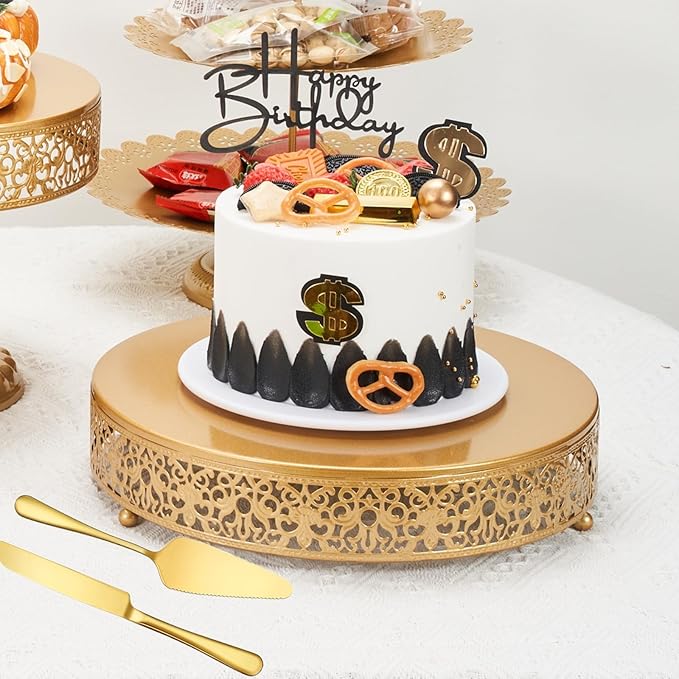 MTJYQTF Gold Cake Stand Set - Metal Round Cupcake Dessert Stand with Cake Cutting & Cake Spatula for Party, Candy Table Display for Wedding Birthday Baby Shower（12x12x2.4 IN） CS003-pan