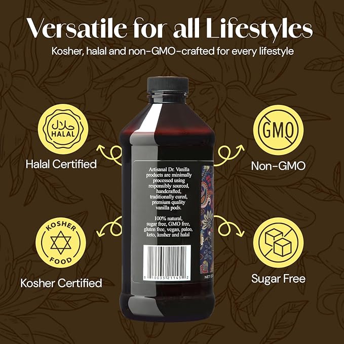Organic Alcohol-Free Natural Vanilla for Baking, Sweet Drinks and More, Handcrafted from Madagascar Bourbon Vanilla Pods, Halal Certified, 16 Oz Bottle