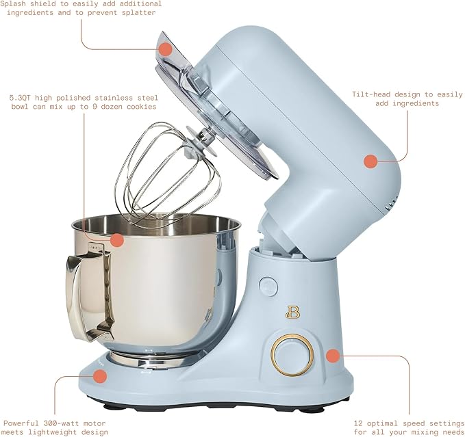 Beautiful 5.3 QT Stand Mixer w/Tilt-Head Design, Stainless Bowl, 300-Watt Power, 12-Speed Control, Includes Beater, Dough Hook, Whisk, Splash Shield (Cornflower Blue)
