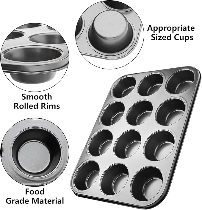 Muffin Pan 12 Cups Non-stick for Mini Cakes Tarts Biscuits Muffins Cupcakes Used by Stainless Steel (black)