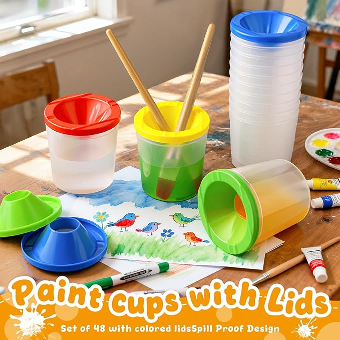 No Spill Paint Cups, 48pcs Paint Cups with Lids for Kids Suitable for Kids Paint, Spill Proof Paint Cups are Ideal for Classroom Art Supplies and Crafts, Durable Paint Cups with Lids(4 Colors)
