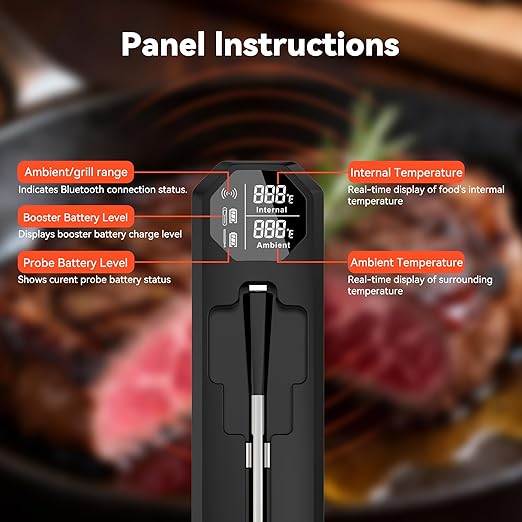 Smart Bluetooth Wireless Meat Thermometer with APP, Wireless BBQ Grill Thermometer for Oven, Smoker, Air Fryer & Kitchen Cooking, Instant Read Digital Probe with Alarm, Long Range & Rechargeable