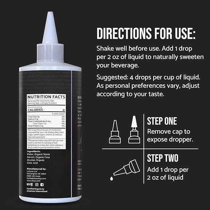 Organic Stevia Liquid Drops Zero Calorie Natural Sweetener for Coffee, Tea & Baking, Pure Stevia Extract, Keto Friendly, 1 fl oz, 228 Servings