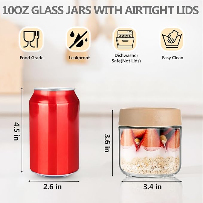 12-Pack Overnight Oats Containers with Lids, 10oz Glass Jars with Airtight Lids, Wide Mouth Mason Jars,Salad & Yogurt Storage, Snacks, Sugar-Reusable