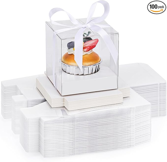 EUSOAR White Cupcake Boxes, 100 Packs 3.5 Inch Individual Clear Dessert Pastry Muffin Cupcake Containers with Inserts and Ribbon, Muffins Gift Holder Mini Cake Carrier for Wedding Party Favor Bakery