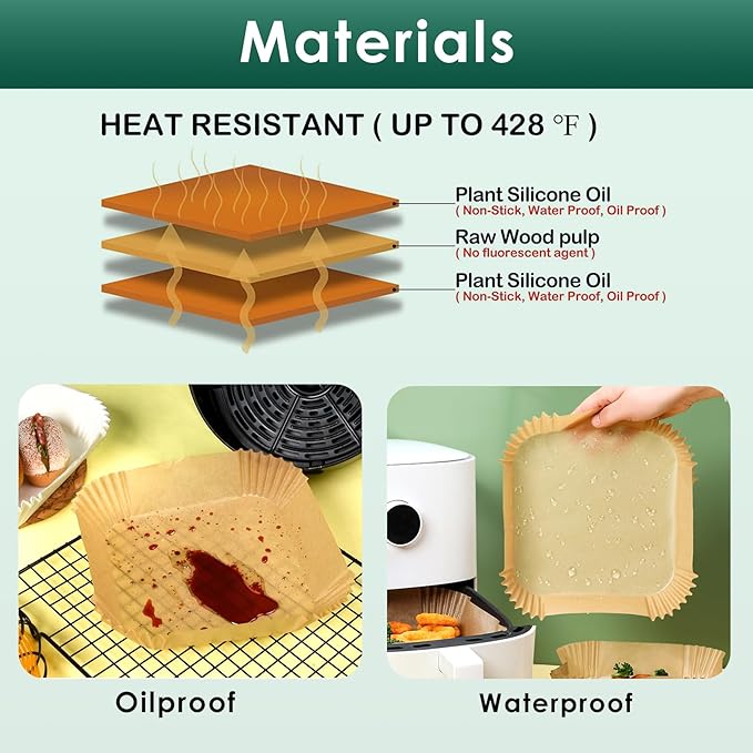 300 Pcs Air Fryer Paper Liners, 8" Square Air Fryer Liners Disposable, Heavy-duty Parchment Paper for 5-8 qt Airfryer Basket, Non-Stick & Grease Proof Baking Liner for Oven Pan