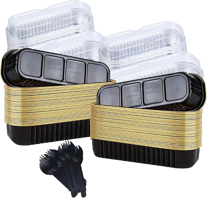 20PCS Rectangle Mini Loaf Pans With Lids,Mini Cake Pans with Lids,Disposable Ramekins Baking Cups Muffin Tins Cupcake Cups For Wedding Birthday Party,6.8oz（Black Gold）