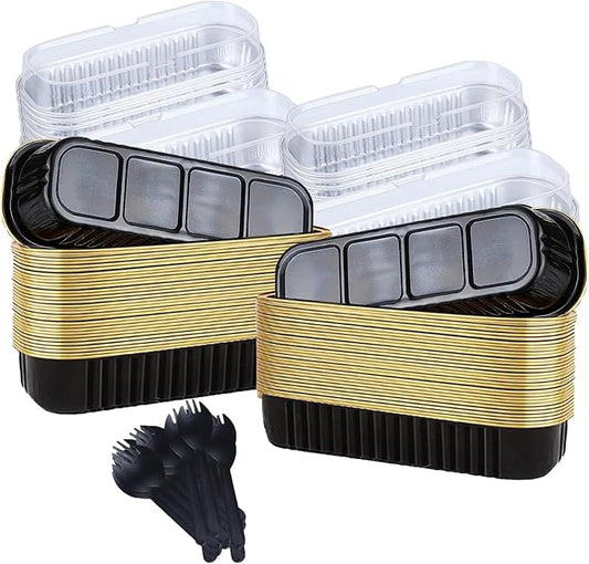 20PCS Rectangle Mini Loaf Pans With Lids,Mini Cake Pans with Lids,Disposable Ramekins Baking Cups Muffin Tins Cupcake Cups For Wedding Birthday Party,6.8oz（Black Gold）