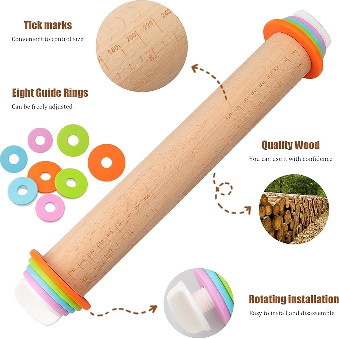 Adjustable Rolling Pin with Thickness Rings - 14 INCH Wood Dough Roller for Perfect Baking, Fondant & Cookies Ideal Rolling Pin for Dough & Cookie Decorating Supplies
