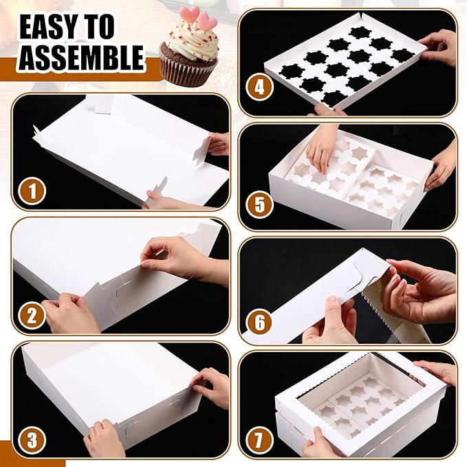 10 Pack 24 Count Cupcake Boxes, Mini Cupcake Containers, 14.9 x 11 x 4 Inch White Disposable Bakery Boxes with Window and Inserts for Birthday Holiday Party Bakery Desserts