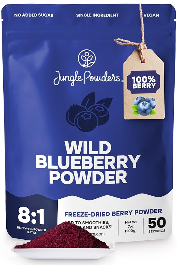 Jungle Powders Wild Blueberry Powder 7 Ounce Bag, Nordic Freeze Dried Blueberries No Sugar Added for Smoothie, Additive and Filler Free Bilberry Fruit Superfood Powder for Baking Flavoring Cooking