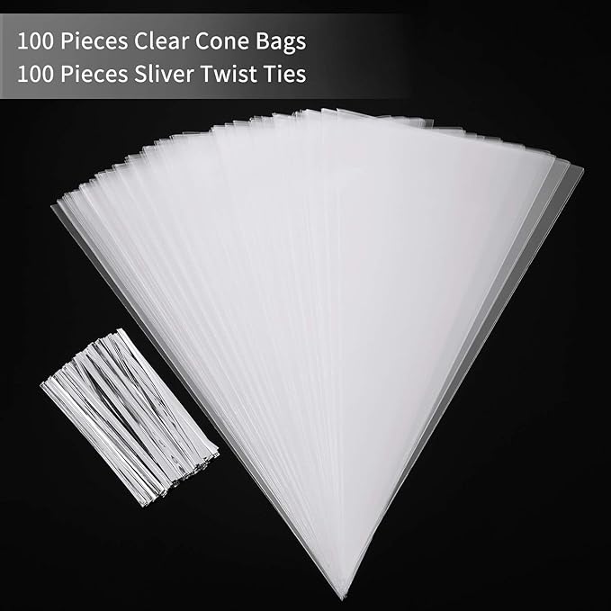 Outus 100 Pcs 7 x 12 Inch Cone Shaped Clear Cello Cellophane Treat Bags Medium Transparent Cone Cello Sweet Treat Bags with 100 Pieces Twist Ties for Party Favor(Silver Twist Ties)