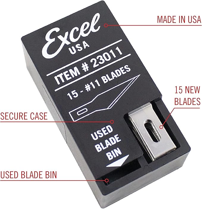 Excel Blades #11 Precision Craft Knife Replacement Blades – Sharp Double-Honed Steel Blades for Trimming, and Detailing Wood, Plastic, Leather, and Foam – 15-Pack with Safety Dispenser – Made in USA