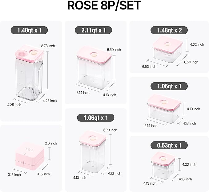 VAKUEN Premium Airtight Food Storage Containers ROSE 8P/SET, 6pcs Container, 1pcs Water Pitcher and Vacuum Sealer. Patented Double Silicone Lining, 100% Leak Proof, BPA-FREE
