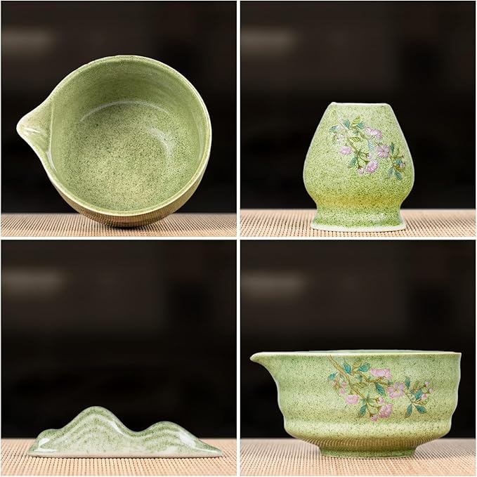 7-Piece Matcha Set, Ceramic Matcha Bowl, Bamboo Whisk (Chasen), Whisk Holder, Sifter, Tea Scoop & Scoop Rest, Special Bamboo Tea Mat, Harmonious Color Matcha Making Kit, Green