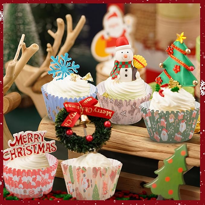 600 Pack Christmas Cupcake Liners Cupcake Wrappers Baking Cups Santa Holiday Paper Wraps Muffin Liners for Xmas Birthday Party Candy Cake Decorations Supplies(12 Styles)