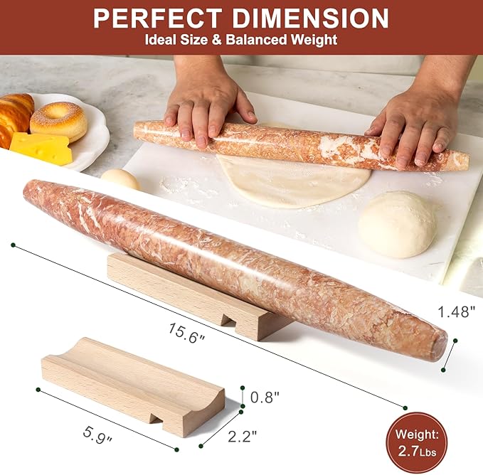 Marble French Rolling Pin, Non-Stick Polished Dough Roller, Pasta, Dumpling, 15 inch Kitchen Baking Tool for Baking with Wooden Resting Base