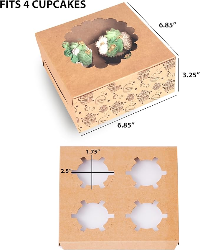 Cupcake Boxes with Insert (Pack of 20), Brown Cupcake Carrier, Food Grade Kraft Bakery Boxes with Windows and Inserts to Fit 4 Cupcakes Muffins or Pastries
