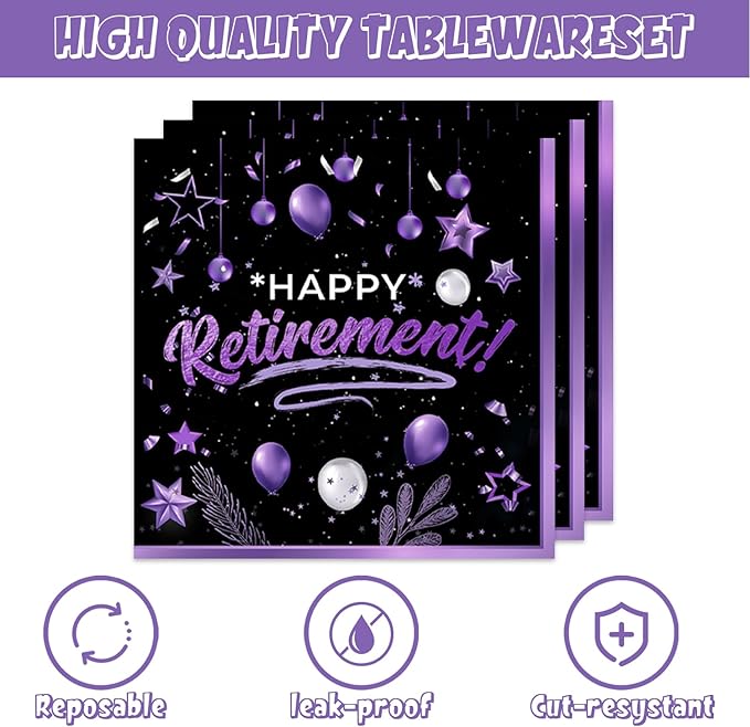 40pcs Retirement Party Decoration,include 20 dessert plate, 20 Napkin,Used for Black Purple Retirement Party Supplies