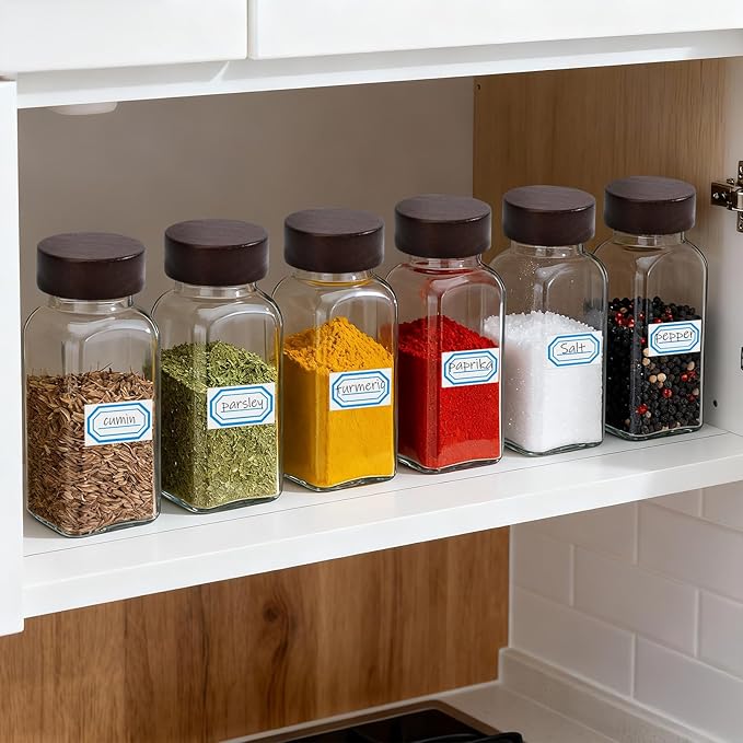 Segarty 6oz Spice Jar with Wood Lids, 3 PCS 180ml Square Condiment Containers, Empty Glass Seasoning Organizers Spices Cereal Storage Bottles, Large Salt and Pepper Shakers with 7 Stickers and 1 Brush