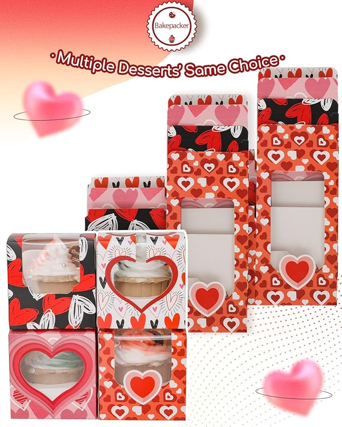 Bakepacker Vanlentine Auto-pop up Cupcake Boxes 30-Packs Vanlentine's Day Individual Cupcake Container 3.5" x 3.5" x 3.5" Single Cupcake Boxes