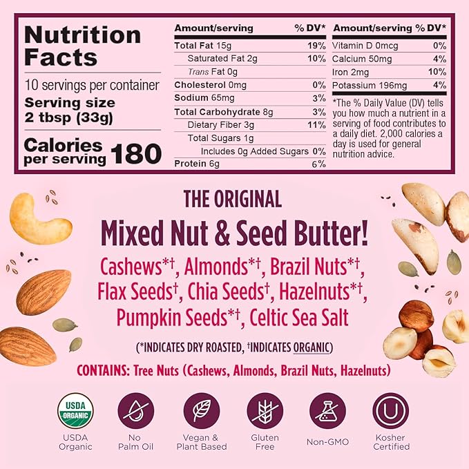 NuttZo Organic Power Fuel 7 Nuts and Seeds Butter, Crunchy, Paleo and Keto Friendly, Peanut and Gluten Free, Kosher, No Added Sugar or Oil, 16 oz Jar