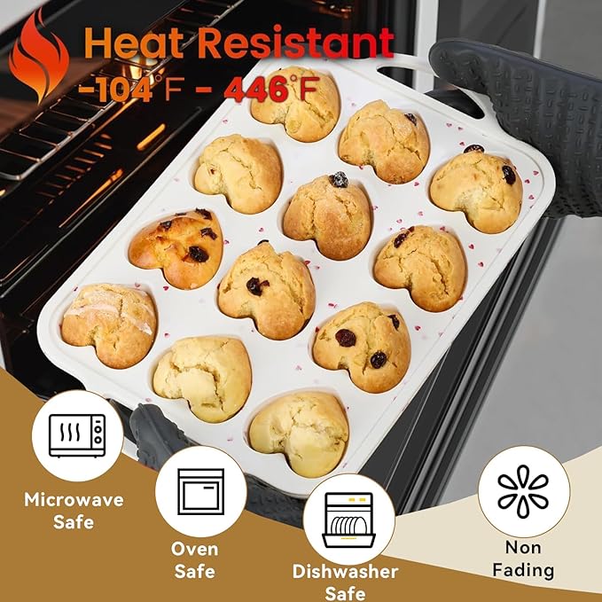 Mini Loaf Pans, Metal Reinforced Frame Silicone Mini Bread Loaf Pans 24 Cavities Nonstick for Baking Cornbread, Small Bread, Small Loaf, Brownie, Cheesecake, Cupcake (2 Pack Heart-shaped)