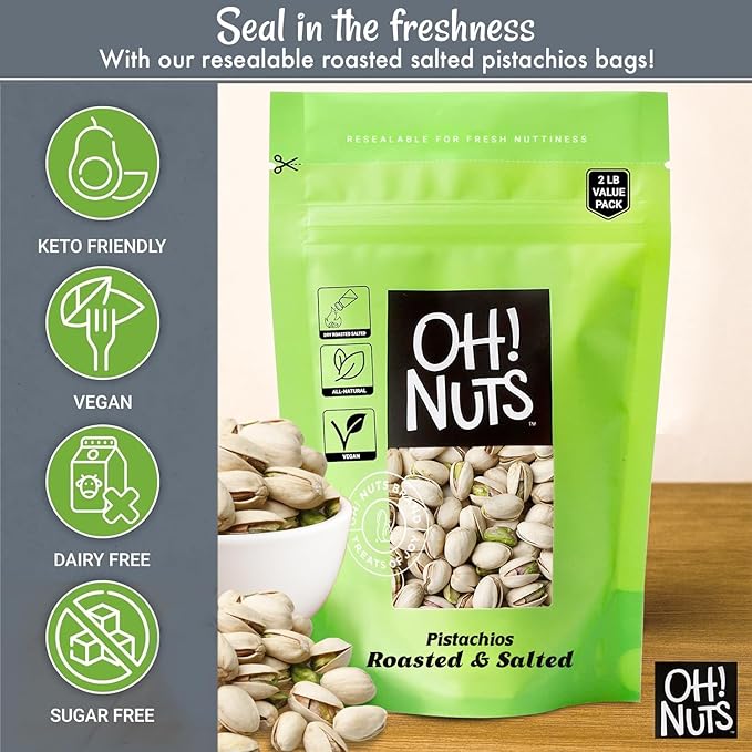 Oh! Nuts Pistachios – Roasted Unsalted, 2 LB Bag – Sodium-Free, All-Natural California Pistachios – Vegan, Gluten-Free, Heart-Healthy Snack