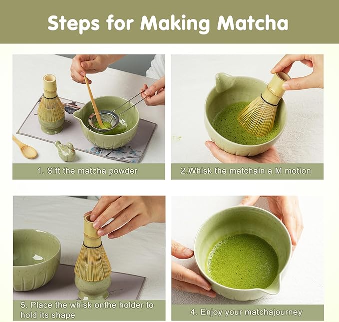 Matcha Whisk Set - 8PCS Japanese Tea Set Includes Matcha Bowl, Bamboo Whisk with Ceramic Holder, Bamboo Scoop, stainless steel sifter, tea towel, handle scoop,Matcha Kit for Ceremony(Pink/8PC)