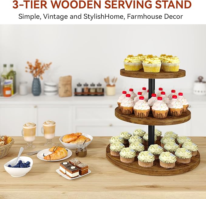 IBUYKE 3 Tier Cupcake Stand,Wood Durable Cupcake Tower,Round Serving Display Stand,Dessert Table Display Tree Tower for Birthday,Home Party, Wedding, Baby Shower,Rustic Brown UTLJ017H