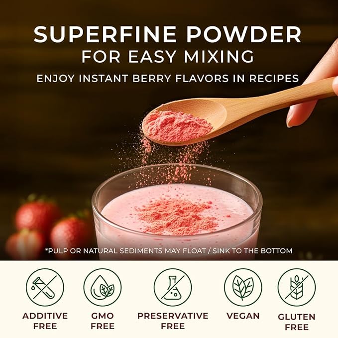 Gya Tea Co Organic Freeze Dried Strawberry Powder 1.1 lb (17.64 oz) - No Sugar Added, Non GMO, Gluten Free - Great Flavor for Milk, Baking, Drinks, Smoothies & Cakes, Vegan Friendly