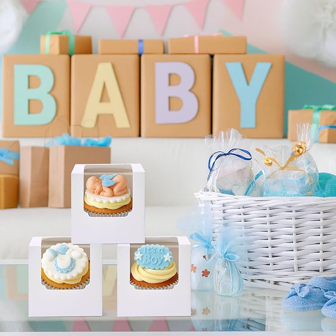 VGOODALL 60PCS Cupcake Boxes, 3.5 Inches Individual Cupcake Containers with Window and Insert for Muffins Cocoa Bombs Packaging Togo Boxes for Birthday Baby Shower Wedding Party Favors