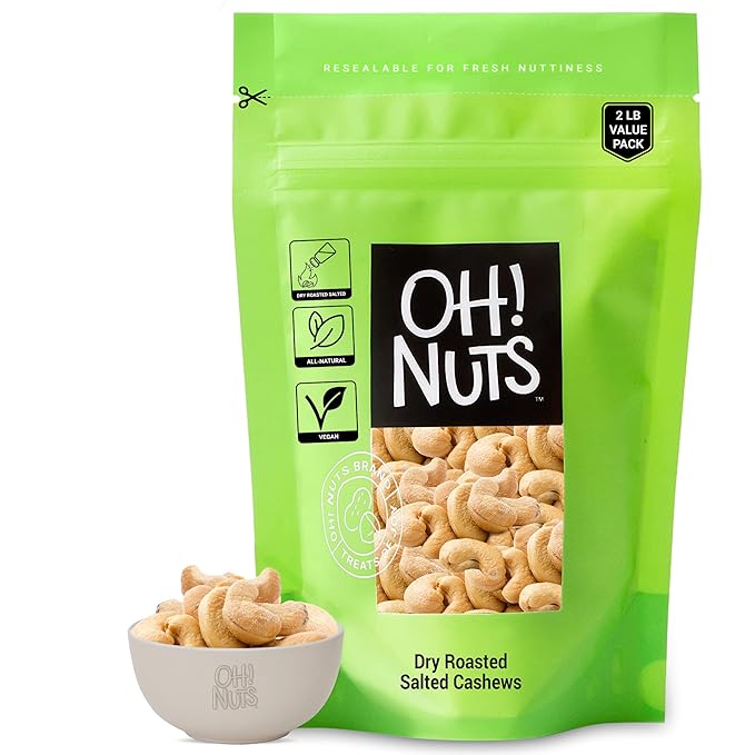 Oh! Nuts Cashews Roasted Salted - 2 lb - Oven Dry Roasted Cashews - Packed in New York Zip-Seal Bag for Exceptional Freshness