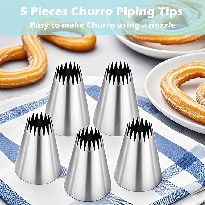 Hendiy 5 Pieces Churro Piping Tips, Stainless Steel 9FT Large Piping Tip Churro Maker Icing Tips, Pastry Tips for Cake Decorating Frosting Tip