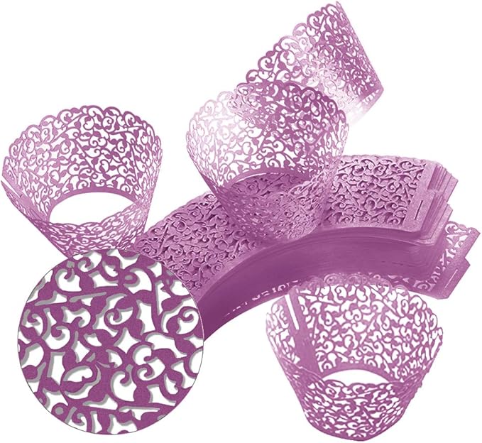 GOLF 100Pcs Cupcake Wrappers Artistic Bake Cake Paper Filigree Little Vine Lace Laser Cut Liner Baking Cup Wraps Muffin CaseTrays for Wedding Party Birthday Decoration (Purple)