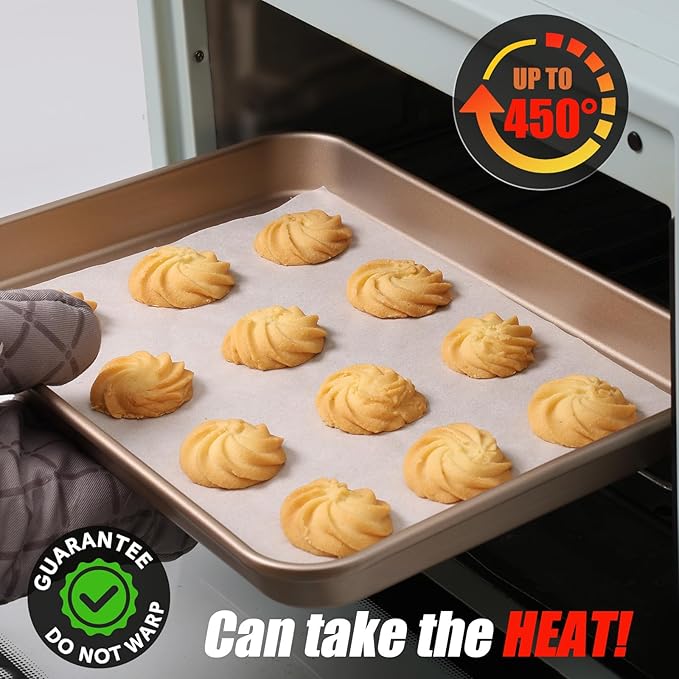 2 Pack 14 X 10 Inches Quality Baking Sheet Pan, Slick Carbon Steel Baking Sheet Set, Warp Resistant Nonstick Cookie Baker's Half Sheets for Baking, Roasting, Gold