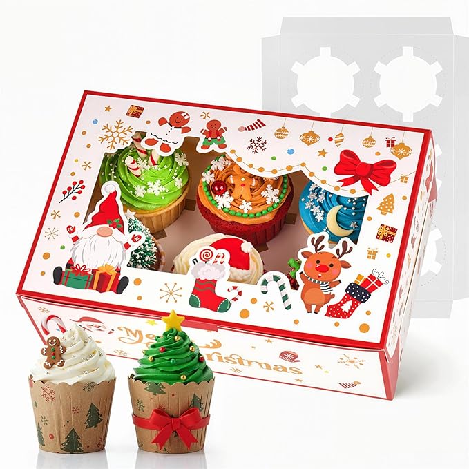 HONEYGIFTS 6PCS White Christmas Cupcake Boxes, Cookie Carrier with Insert and Window Holding 6 Cupcakes Bakery Boxes for Macarons Pies Muffins 9.5"x6.3"x3"