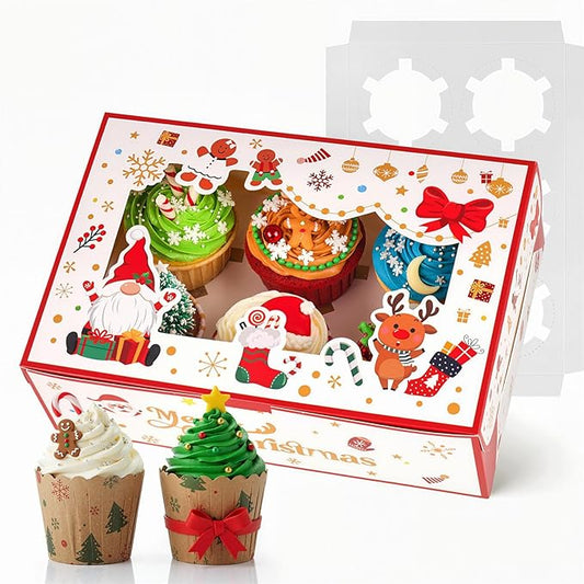 HONEYGIFTS 6PCS White Christmas Cupcake Boxes, Cookie Carrier with Insert and Window Holding 6 Cupcakes Bakery Boxes for Macarons Pies Muffins 9.5"x6.3"x3"