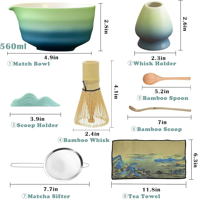 Matcha Whisk Set, 8 Pcs Ceramic Match Bowl with Spout and Bamboo Matcha Whisk and Holder, Bamboo Spoon and Scoop, Sifter, Tea Towel, Matcha Kit for Matcha Tea Ceremony (Gradient Blue Green)