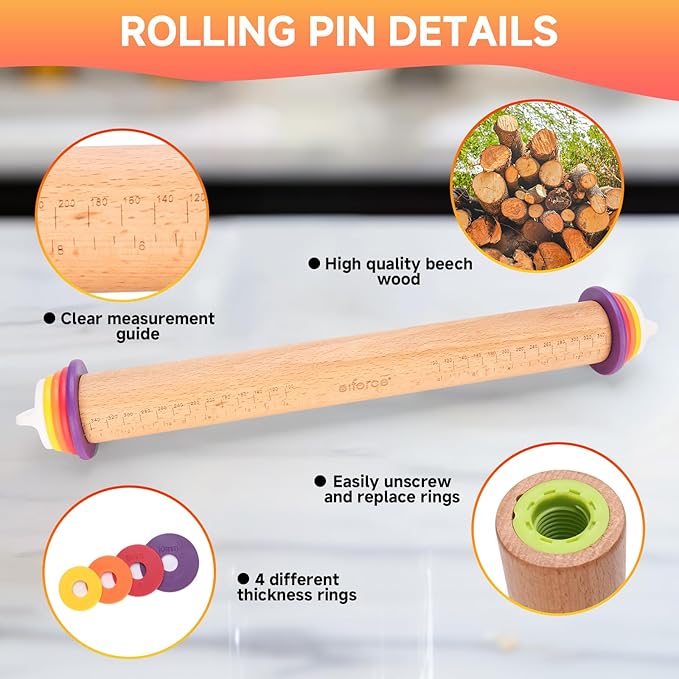 Wooden Rolling Pin with Thickness Rings and Pastry Baking Mat, Pizza, Cookie, Bread, Pie Crusts,Roller Rod for Dough Thickness, 13.6" with 4 Multicolored Thickness Rings&Cookie Molds