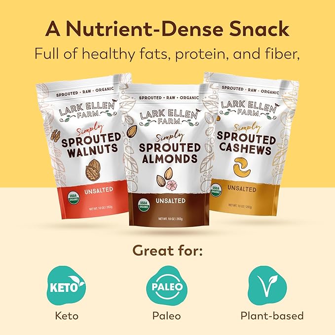 Lark Ellen Farm Sprouted Organic Nuts Variety Pack – Almonds, Walnuts & Cashews – Raw, Vegan, Gluten-Free, Non-GMO, Clean Label Snacks, (1 Bag Each, 10 oz)