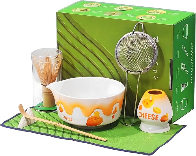 Matcha Whisk Set 7 Pcs Ceramic Matcha Set Includes Matcha Bowl, Matcha Whisk and Holder, Bamboo Scoop, Scoop Rest, Sifter and Tea Towel - Matcha Kit for Matcha Lovers