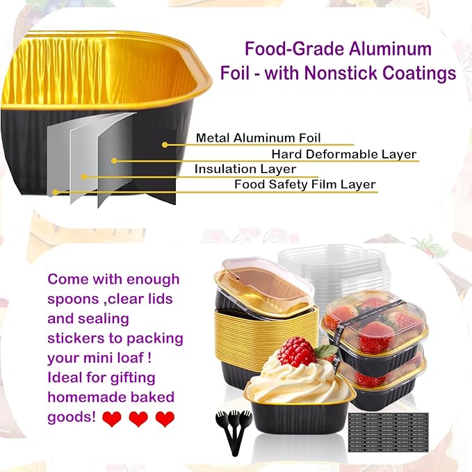 10oz Mini Cake Pans With Lids 50 Pack Aluminum Foil Square Brownie Baking Cups,Disposable Loaf Pans With Lids and Spoons Stickers,Large Cupcake Pans Muffin Tins Cake Container(Black)